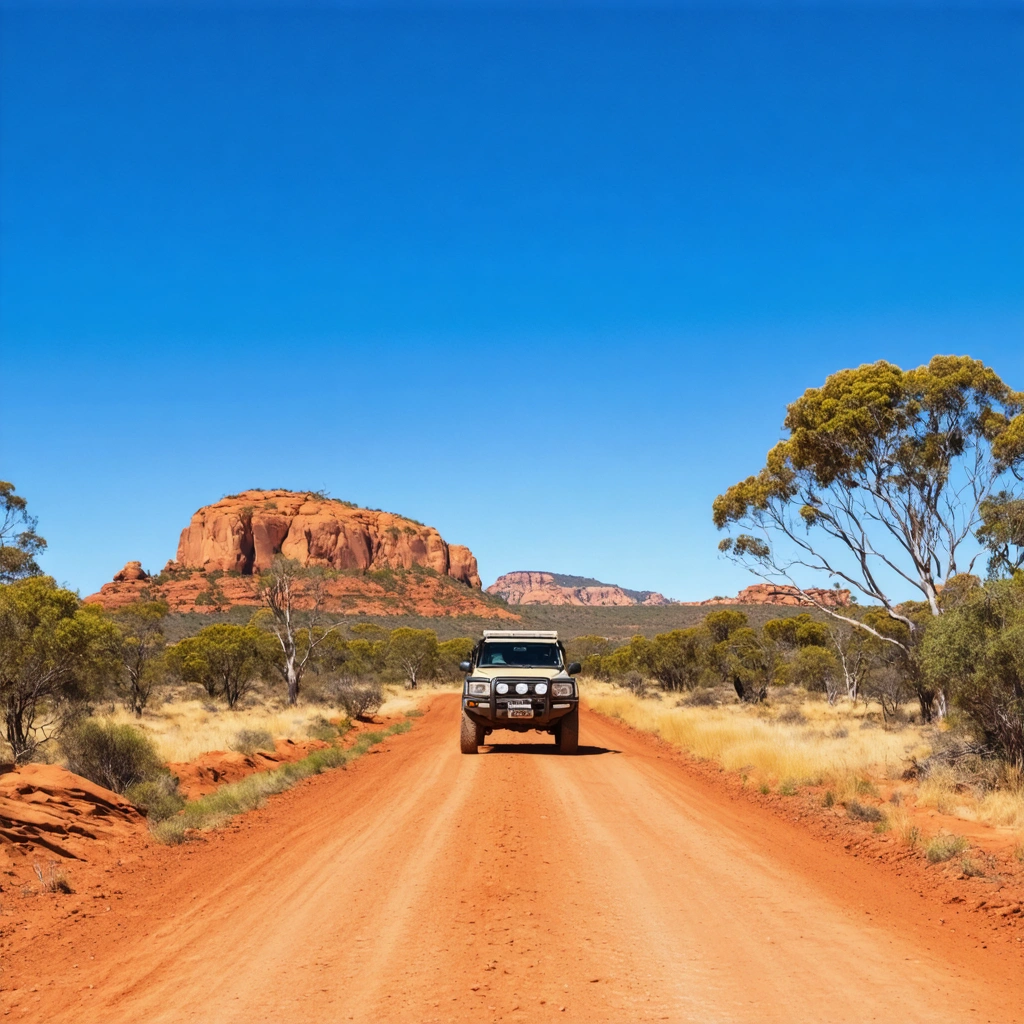 Un 4x4 sur une piste rouge déserte de l'ouest australien, entouré de roches et d'eucalyptus sous un ciel bleu éclatant.