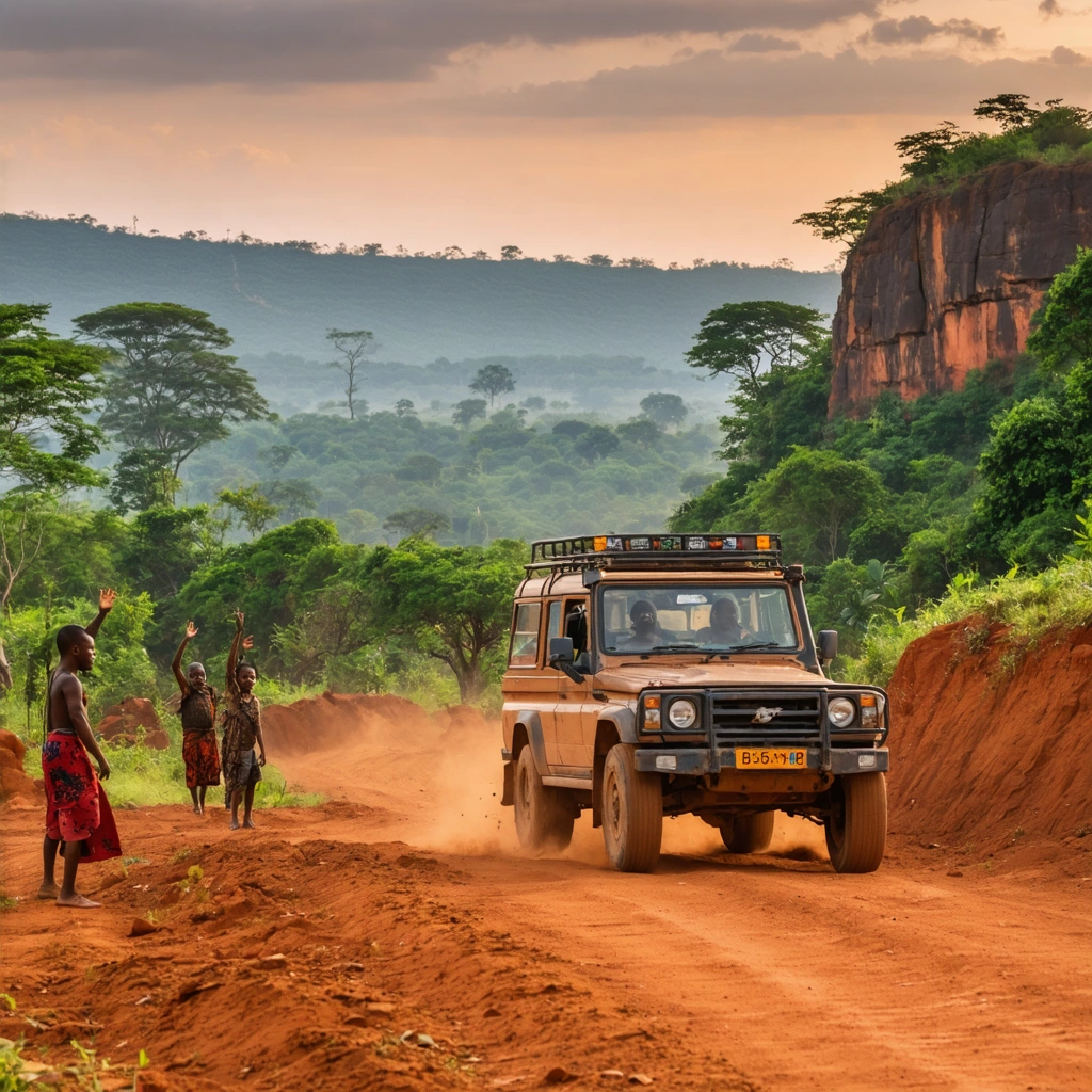 Un véhicule tout-terrain sillonnant une piste rouge à travers des collines verdoyantes en Afrique de l'Ouest, avec le soleil couchant en arrière-plan et des habitants saluant le passage.