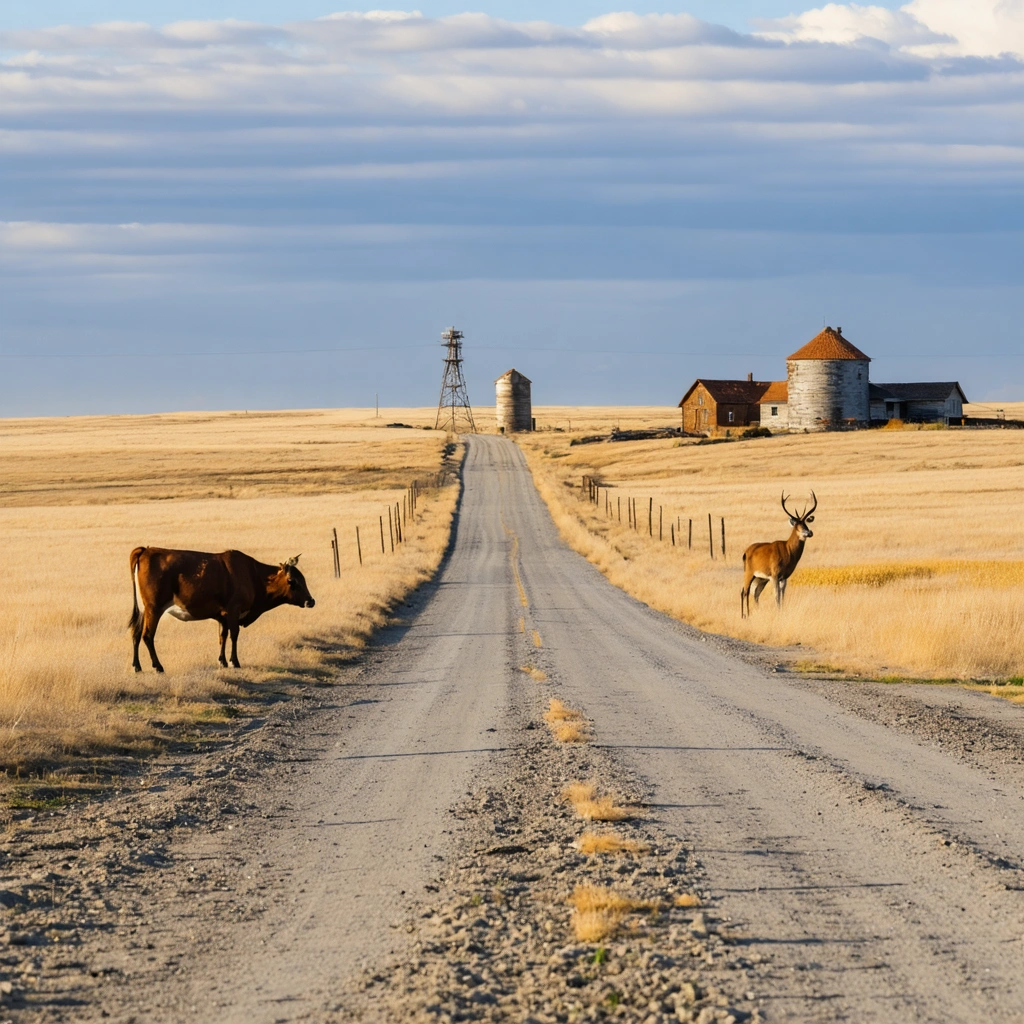 Route de gravier solitaire traversant les vastes prairies de Saskatchewan, avec une vache paisible, un cerf surpris près de l’herbe haute, des silos à grains anciens et des champs à perte de vue sous un grand ciel bleu.