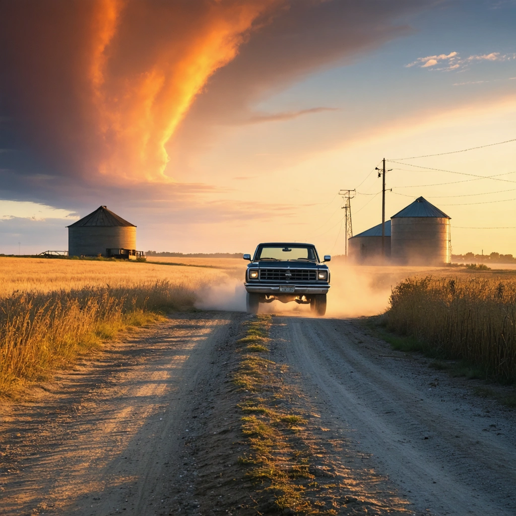 Route de gravier traversant la prairie en Saskatchewan, baignée par la lumière dorée du coucher de soleil, avec un pickup roulant et des silos à grains à l'horizon.
