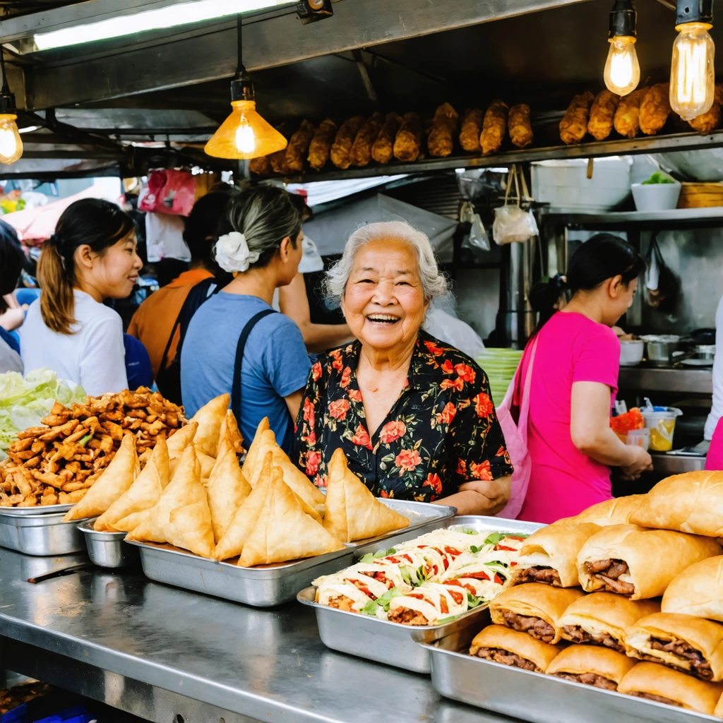 Un marché animé en plein air avec des stands de street food proposant différents plats comme des banh mi et des samossas, des personnes de tout âge qui font la queue, dont une mamie souriante, et une ambiance conviviale entre clients et vendeurs.