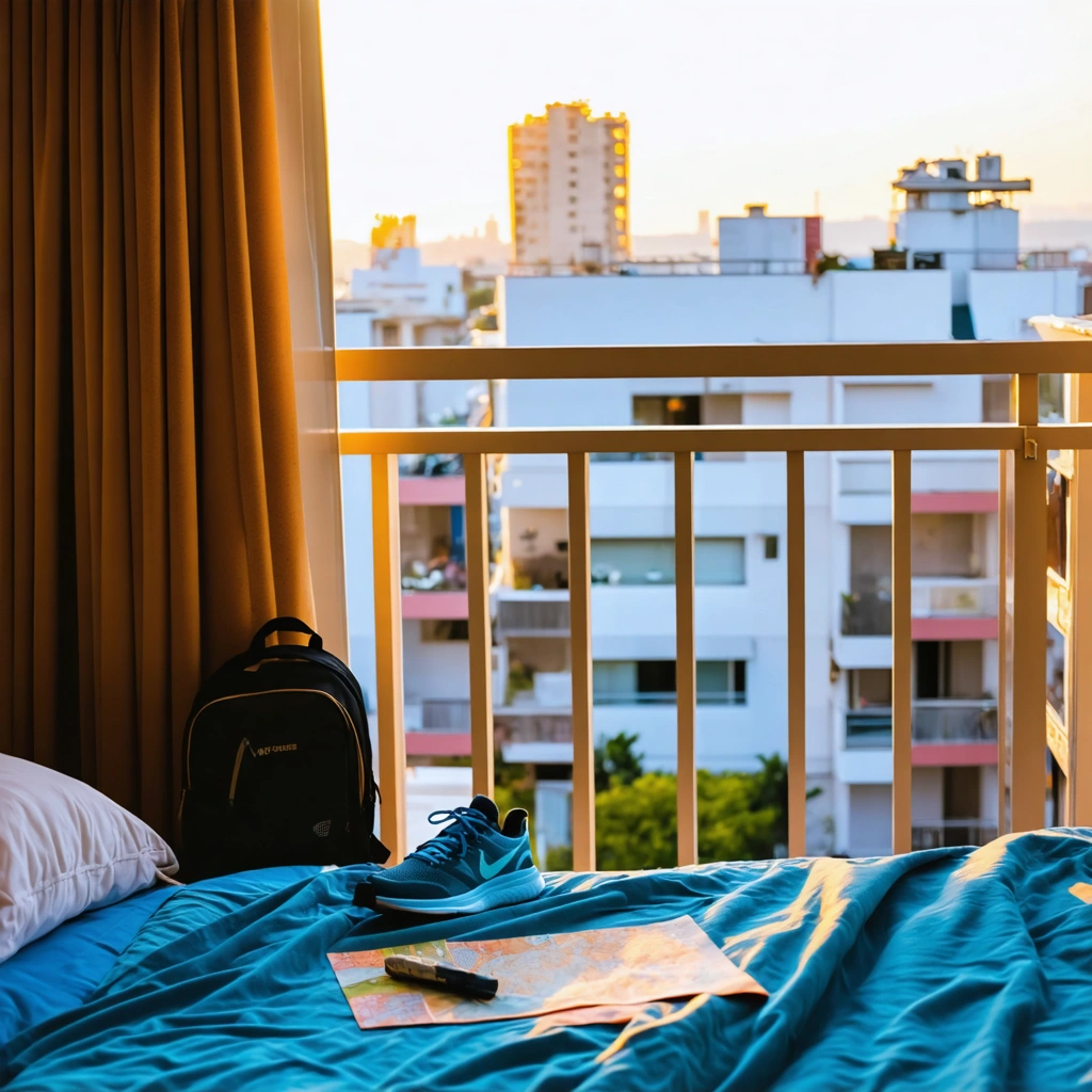 Homme en tenue de sport s'échauffant sur le balcon d'une chambre d'hôtel au lever du soleil avec vue sur la ville, prêt à faire sa routine sportive en voyage.