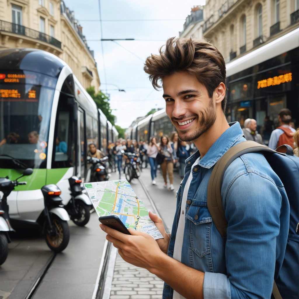 Un jeune homme enthousiaste consulte son téléphone devant différents moyens de transport locaux en ville, avec vélos, tramway, trottinette électrique et bus autour de lui.