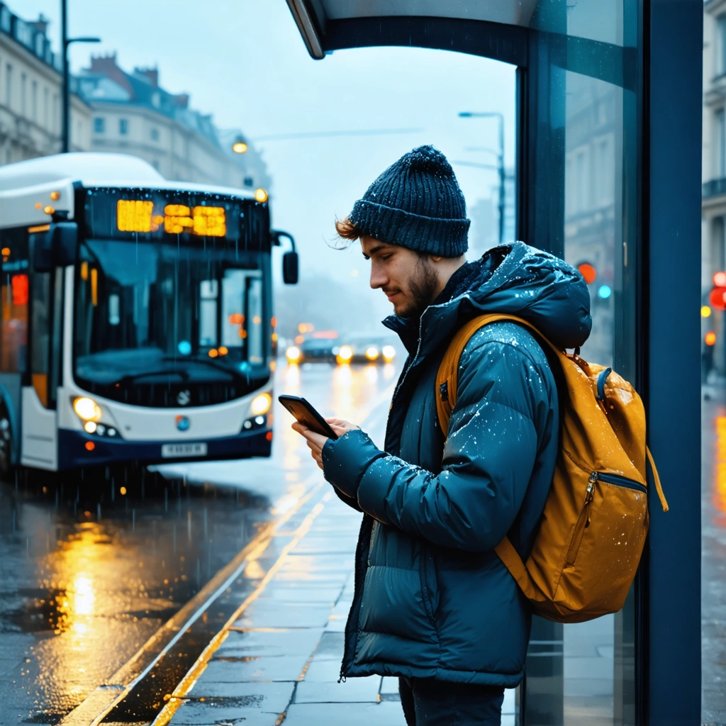 Une personne utilise son smartphone à un arrêt de bus sous la pluie, un bus s'approche dans une ville européenne le soir, illustrant l'aide des applications de transport.