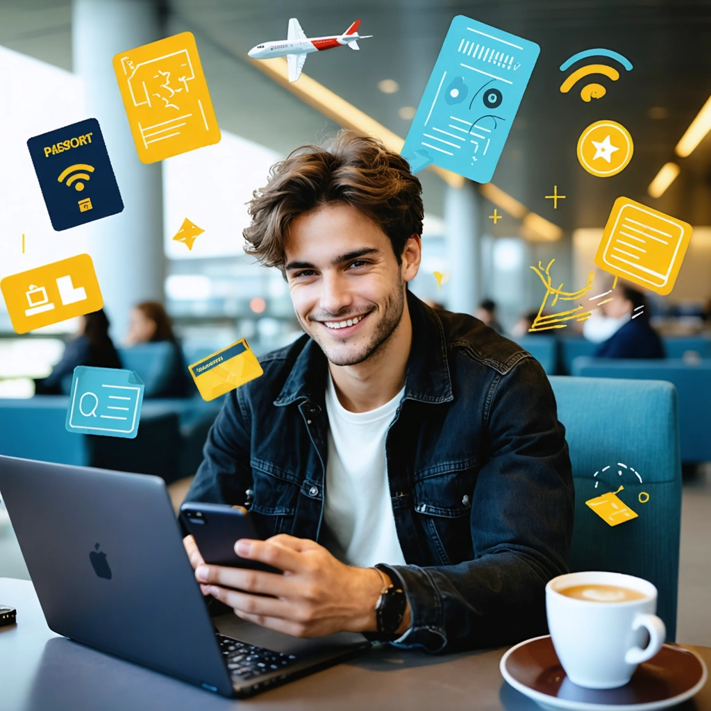 Un jeune voyageur français consulte son smartphone dans un salon d'aéroport, entouré d'accessoires de voyage et symboles wifi.