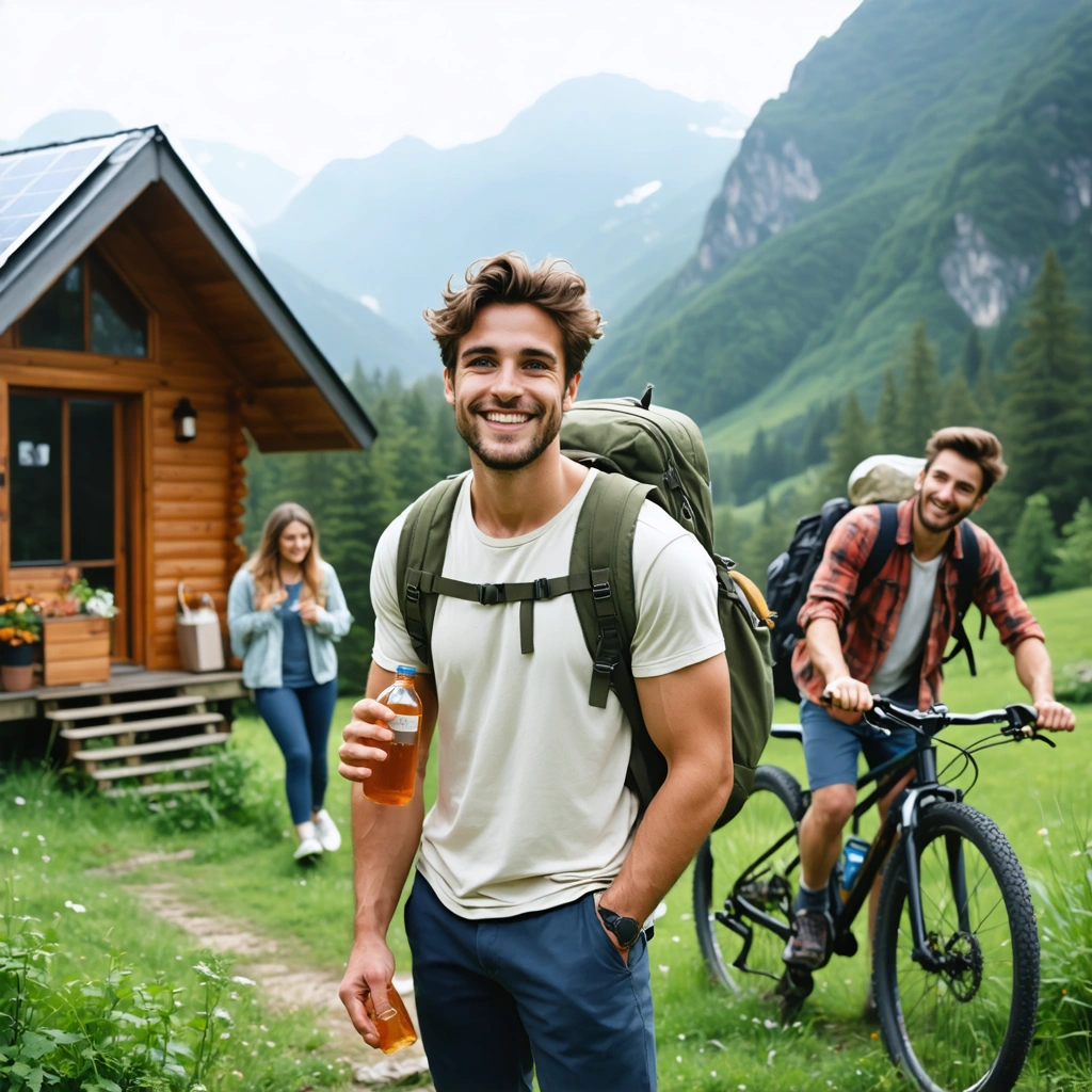 Un voyageur souriant contemple la nature, entouré d'autres personnes à vélo, ramassant des déchets et utilisant des objets réutilisables devant un hébergement éco-responsable