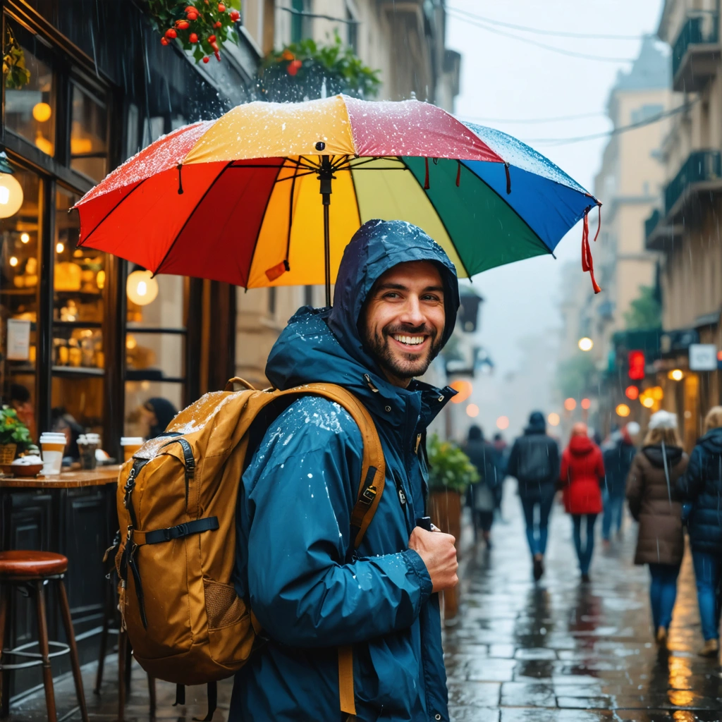 Un voyageur souriant sous une grande averse dans une rue animée à l’étranger, tenant un parapluie coloré, tandis que des habitants discutent joyeusement à l’abri dans un café chaleureux en arrière-plan.