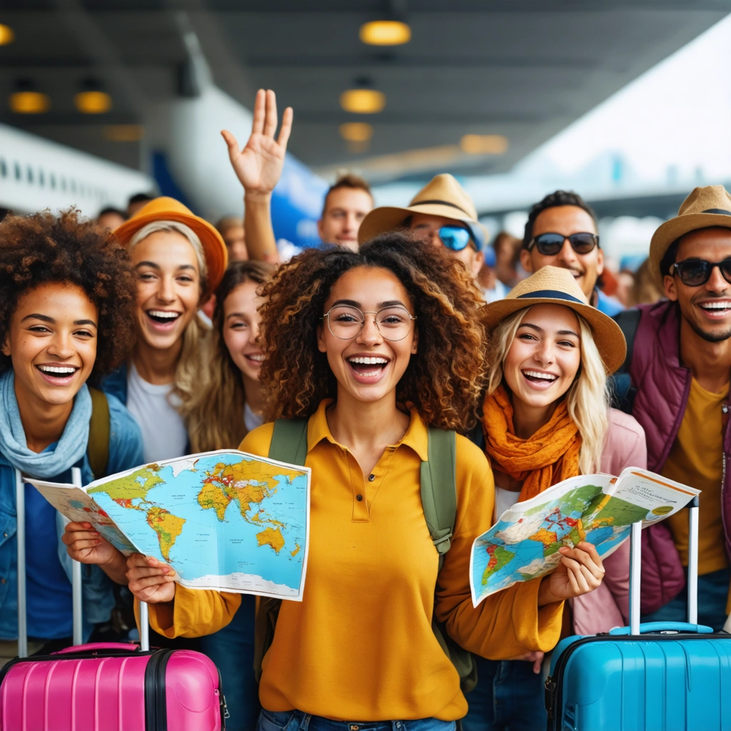 Des voyageurs souriants faisant face à différents imprévus en voyage comme la météo, la perte de bagages et les barrières linguistiques, dans un aéroport animé ou une grande ville.