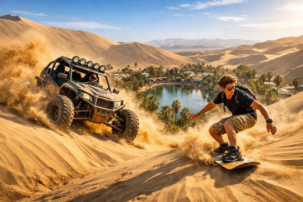 découvrez l'aventure ultime à huacachina : explorez les dunes du désert en buggy et perfectionnez votre surf des sables pour une experience inoubliable au cœur du paysage aride.
